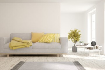 White living room with sofa. Scandinavian interior design. 3D illustration