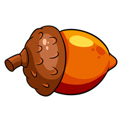 Oak fruit. A bright acorn with a hat and a twig. Cartoon style.