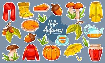 Autumn set. Large collection of autumn items Stickers.