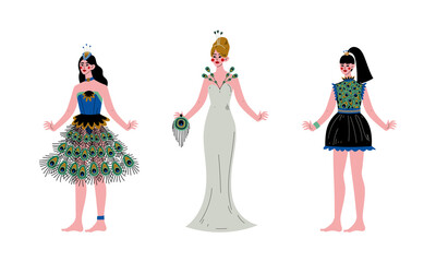 Beautiful Young Woman Wearing Peacock Feather Dress Vector Set
