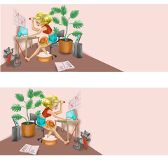 A happy white girl at the desk does several things at the same time.