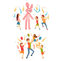 Holiday Party Actor or Entertainer Wearing Costume of Bunny and Clown Playing with Kids Vector Set