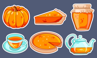 Autumn set. Pumpkin, hot tea, kettle, mug, pumpkin pie, jam. Stickers.