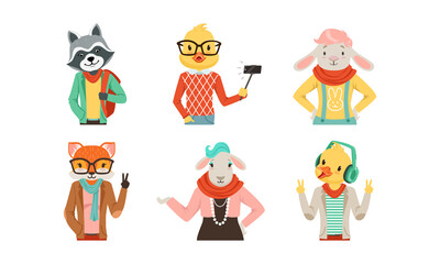 Hipster Animal with Body Dressed in Human Clothing and Garment Vector Set