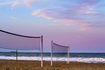 Beach volleyball nets on the shore