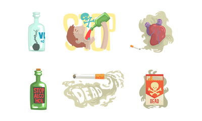 Smoking and Alcoholism Addiction as Bad Habits with Alcohol Bottle and Skull Vector Set