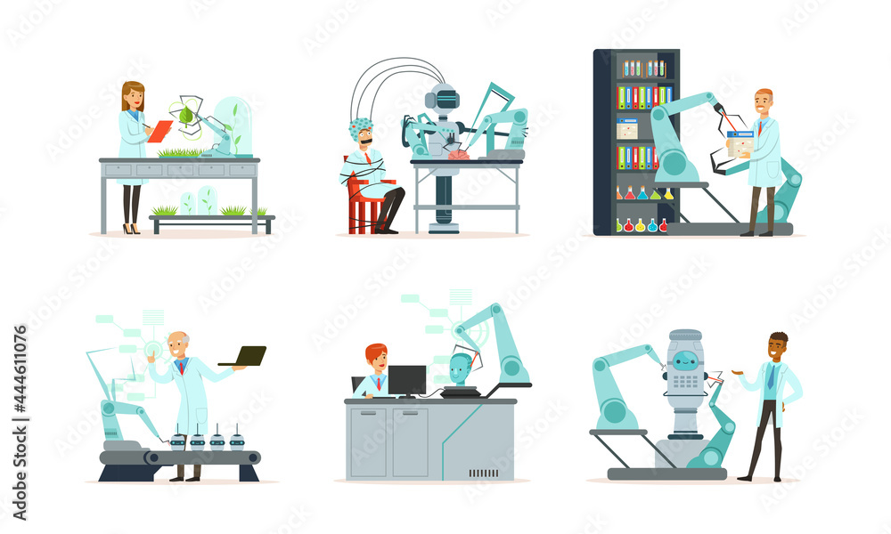 Poster people scientist character in innovation laboratory conducting experiment with robot assistance vect