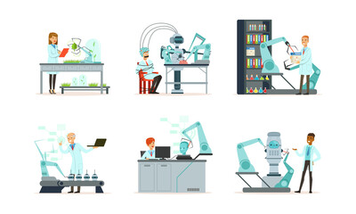 People Scientist Character in Innovation Laboratory Conducting Experiment with Robot Assistance Vector Set