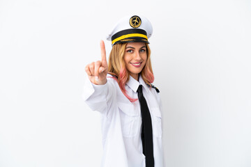 Airplane pilot over isolated white background showing and lifting a finger