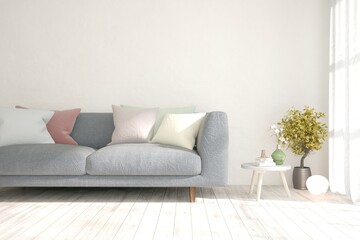 Fototapeta premium Soft color living room with sofa. Scandinavian interior design. 3D illustration