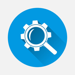 Vector gear tool search magnifier icon on blue background. Flat image with long shadow.