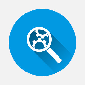 Vector gear tool search magnifier icon on blue background. Flat image with long shadow.