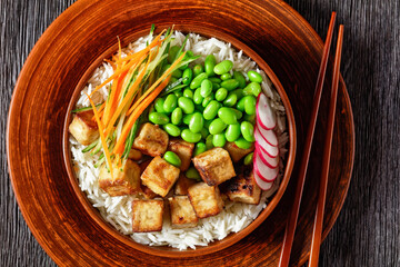 tofu poke bowl with basmati rice and veggies