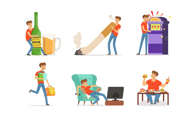 Bad Habit with Man Addicted to Alcohol, Smoking and Gambling Vector Set
