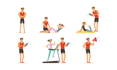 Fototapeta na wymiar Personal Gym Coach or Instructor Training People Characters Vector Set