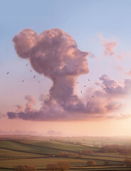 A lady in the clouds -  Women's head shaped cloud on a landscape sunset scenic. thinking and...