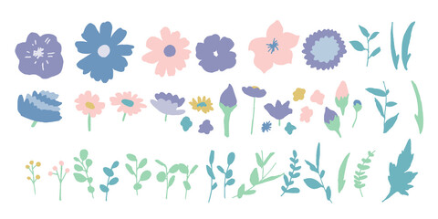 手書きの草木と花。夏カラーの花セット。ベクターイラスト　Handwritten vegetation and flowers. Summer color flower set. Vector illustration