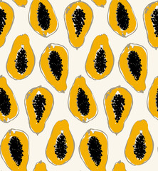 Seamless pattern with halved papaya fruit. Food illuatration. Simple vector illustration for printing onto fabric, clothing, kitchenware