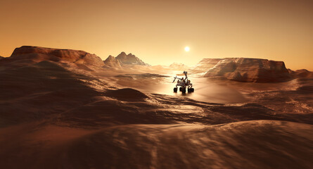 A rover on the surface of mars looking for signs of life. Science and exploration 3D illustration. - obrazy, fototapety, plakaty
