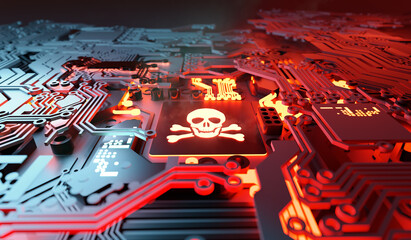 Vulnerable computer Systems being hacked and network ransomware digital cybercrime background concept. 3D illustration.