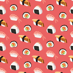 seamless pattern japanese traditional food, rolls, sushi and nigiri. cartoon style on pink background