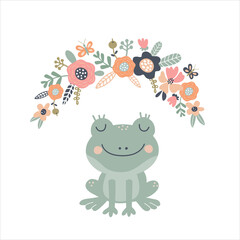cute green frog with a bouquet of flowers, vector illustration in cartoon style