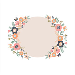 round frame with vector pastel flowers and plants. isolated on white background, for weddings, designs and invitations