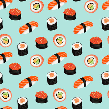 seamless pattern japanese traditional food, rolls, sushi and nigiri. cartoon style on blue background