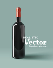 A realistic glass bottle of red wine branding mock up. Contemporary marketing template Vector illustration