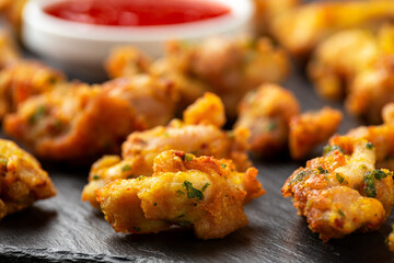 Chicken Pakora dish with sweet chilli sauce on rustic stone board