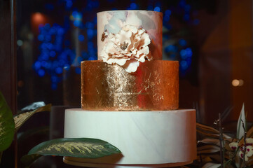 large multi-colored cake with a flower