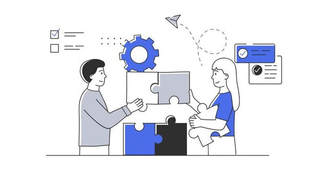 Teamwork concept. Young smiling business people man and woman putting together jigsaw puzzle on background of spinning gears and flying paper plane. Abstract metaphor. Animated cartoon doodle concept