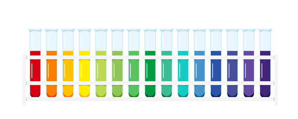Standard pH chart aqueous solution in glass test tubes in lab rack isolated on white background. Liquid color matching with the universal chemical litmus  indicator. Flat design vector illustration. - obrazy, fototapety, plakaty