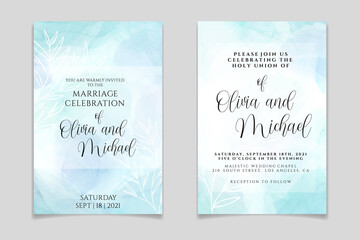 Fototapeta na wymiar Wedding invitation template on pastel cyan liquid marble watercolor background with white branches and frame. Teal mint marbled alcohol ink drawing effect. Vector illustration of romantic card design