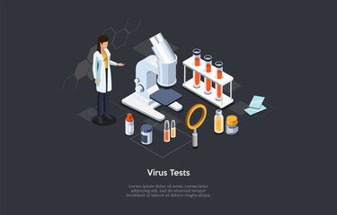Virus Tests, Medicines Development, Microbiology Laboratory Conceptual Illustration. Isometric Vector Composition With Characters And Objects, Cartoon 3D Style. Medical Worker, Microscope, Reagents.
