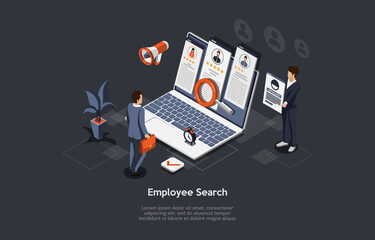 Vector Composition On Employee Search Process, Hiring On Job Vacancy, Candidate Selection And Interviewing Concept. Isometric Illustration, Cartoon 3D Style. Businesspeople Standing Near Computer.