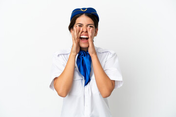 Airplane stewardess caucasian woman isolated on white background shouting and announcing something