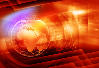 3D graphical colorful news background, an earth globe on a red background