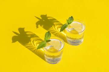 summer drink. cool refreshing beverage with mint and lemon in glass. minimalism. natural fresh...