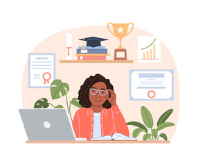Successful smiling black woman portrait with laptop diploma trophy, graduation cap. Flat happy young African girl works on notebook in office. Professional career education concept vector illustration