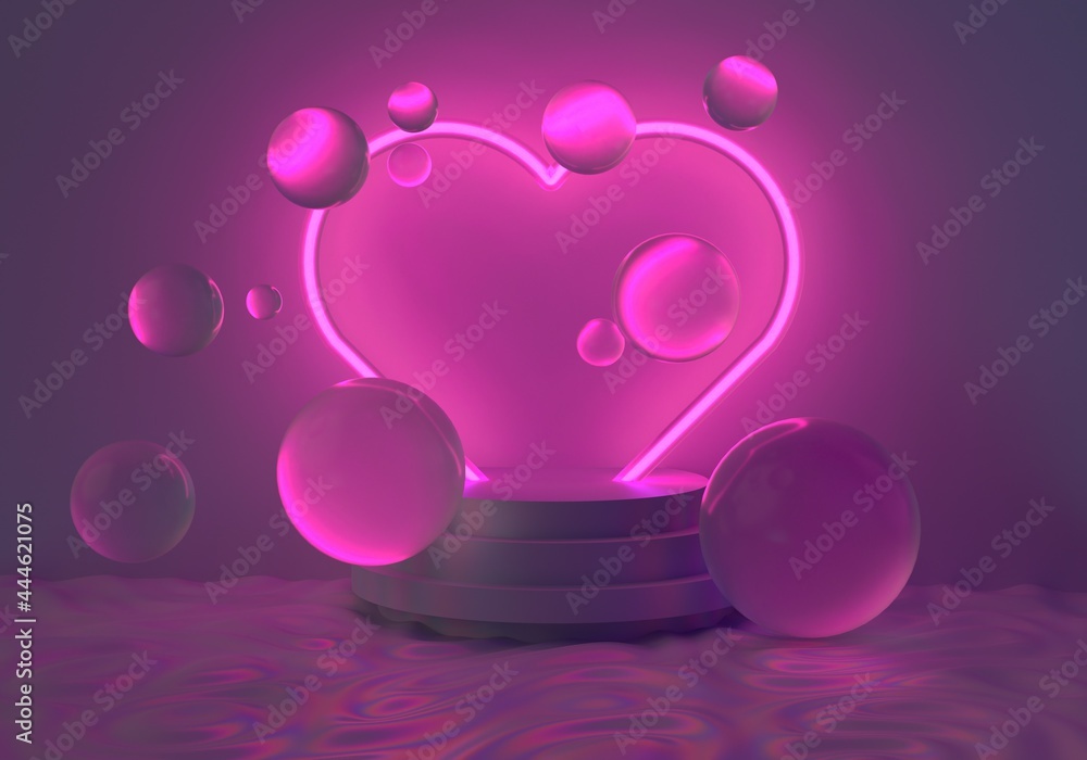 Wall mural Retrowave style background with floating glass spheres and heart-shaped neon sign. 3D illustration.