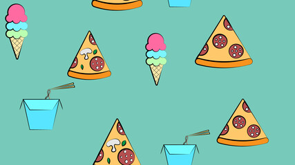 Seamless endless pattern of different delicious hearty hot pizzas, noodles, ice cream fast food on a green background. Texture