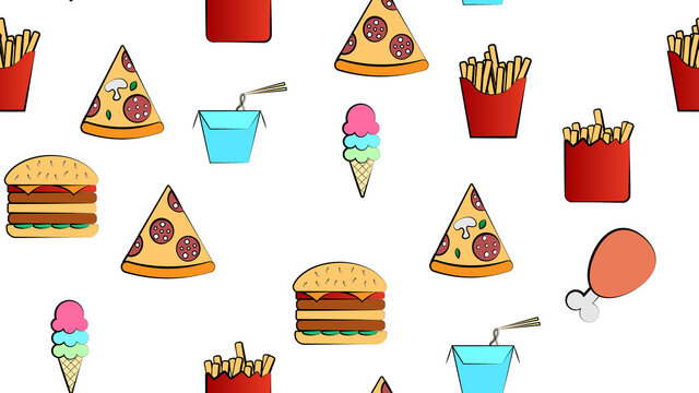 Seamless endless pattern of different delicious hearty hot fries, pizza, ice cream, fast food noodles on a white background. Texture