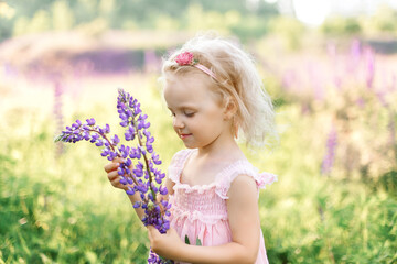 Blonde with flowers in the field.The baby toddler is holding a bouquet of lupines in her hands.A child in the middle of a field collects a bouquet of flowers.