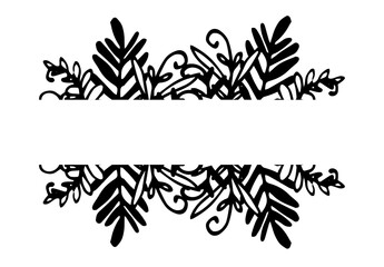 vector set of horizontal pattern of branches with plant leaves. A hand-drawn set of isolated horizontal borders doodles twigs with leaves and curls in black on a white background for a design template