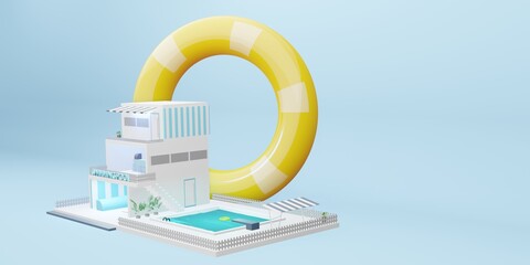 simulated swimming pool three storey building cartoon model blue pastel 3d illustration
