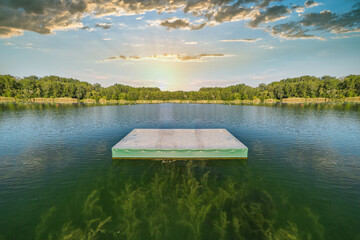 scenic mystical floating pontoon panel in the middle of the lake,  with water algae going from...