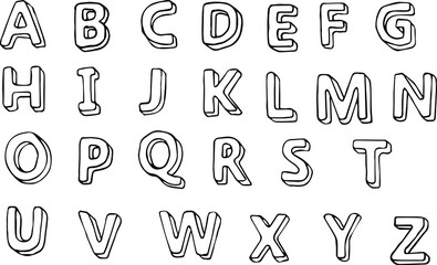 Hand-drawn alphabet in childish style with volume 3d letters in black contour on white background. Vector illustration