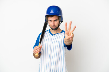 Young caucasian man playing baseball isolated on white background happy and counting three with fingers