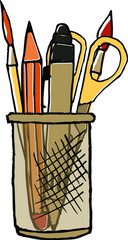Vector illustration in childish style. Doodle icon, flat design.  Pencil pot hand-drawing